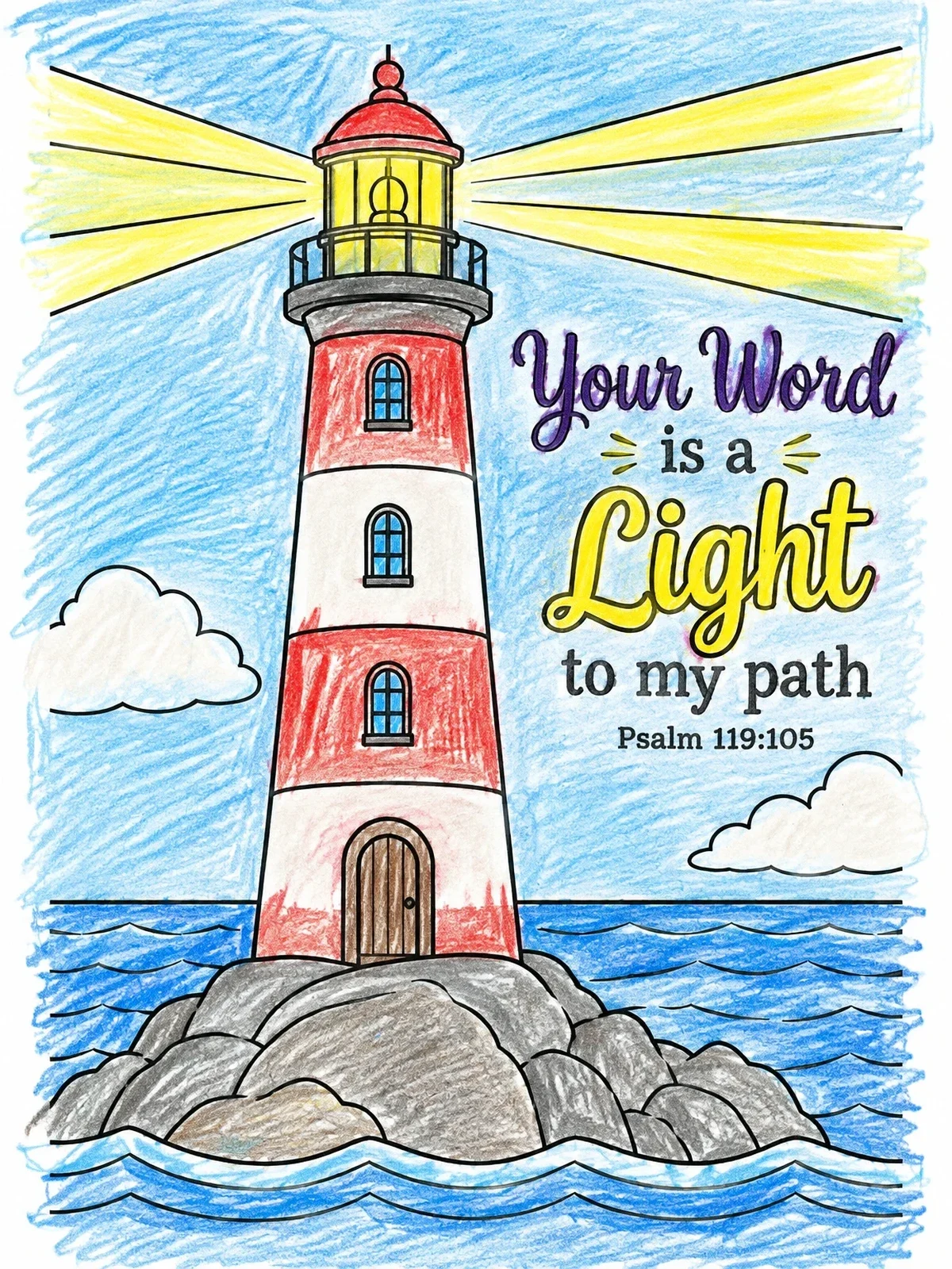 Colored example of the Lighthouse Guiding Light Scripture coloring page