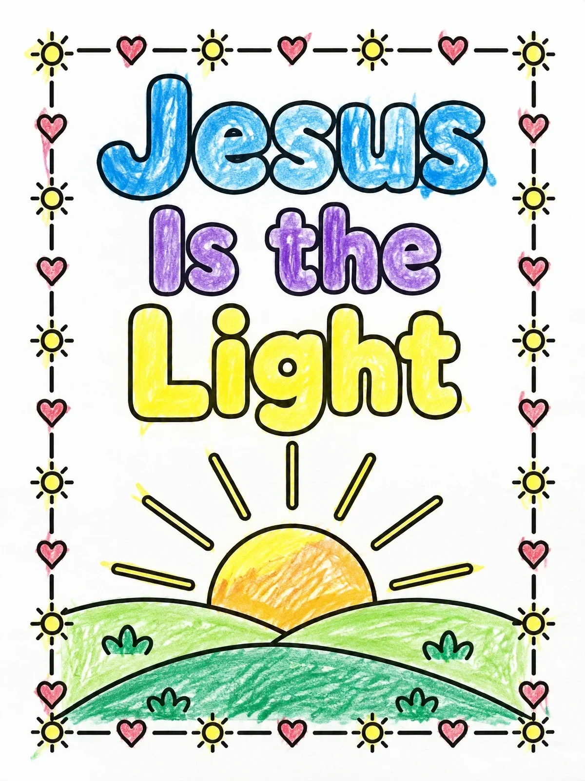 Colored example of the Jesus Is The Light Sunrise coloring page