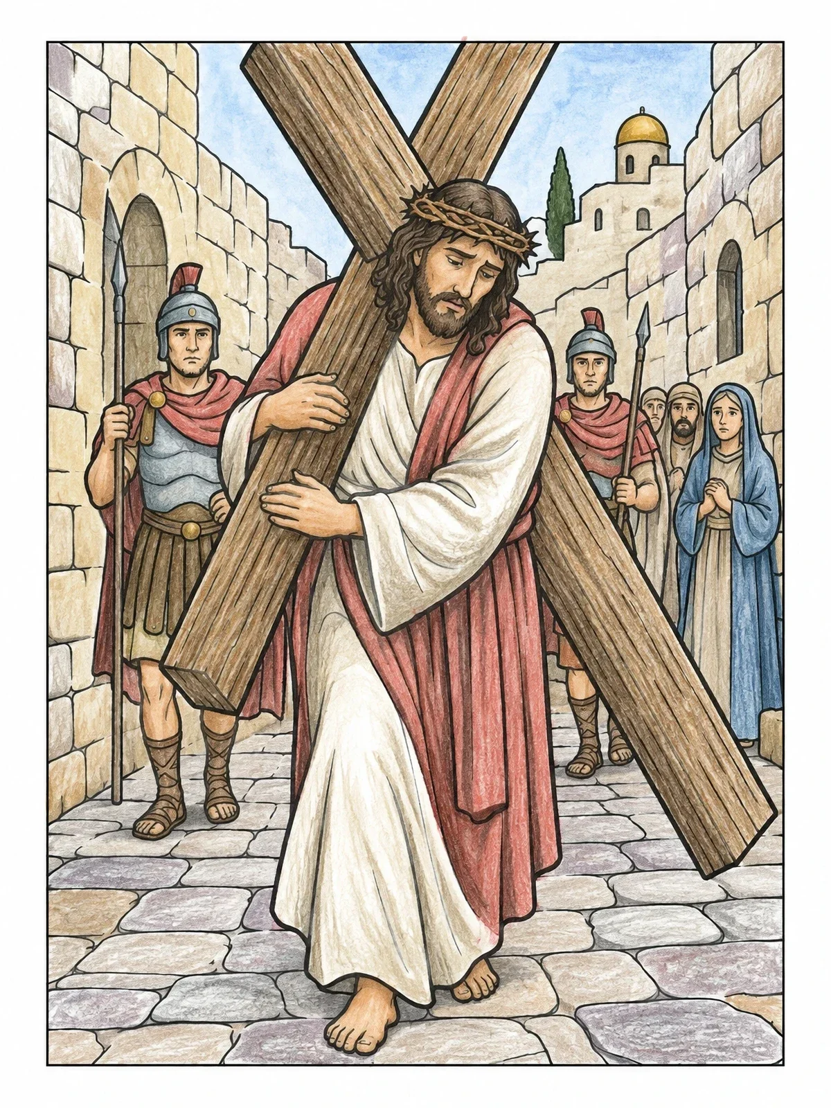 Colored example of the Jesus Carrying The Cross coloring page