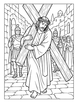 A detailed jesus coloring page showing Jesus carrying the wooden cross through ancient stone streets.