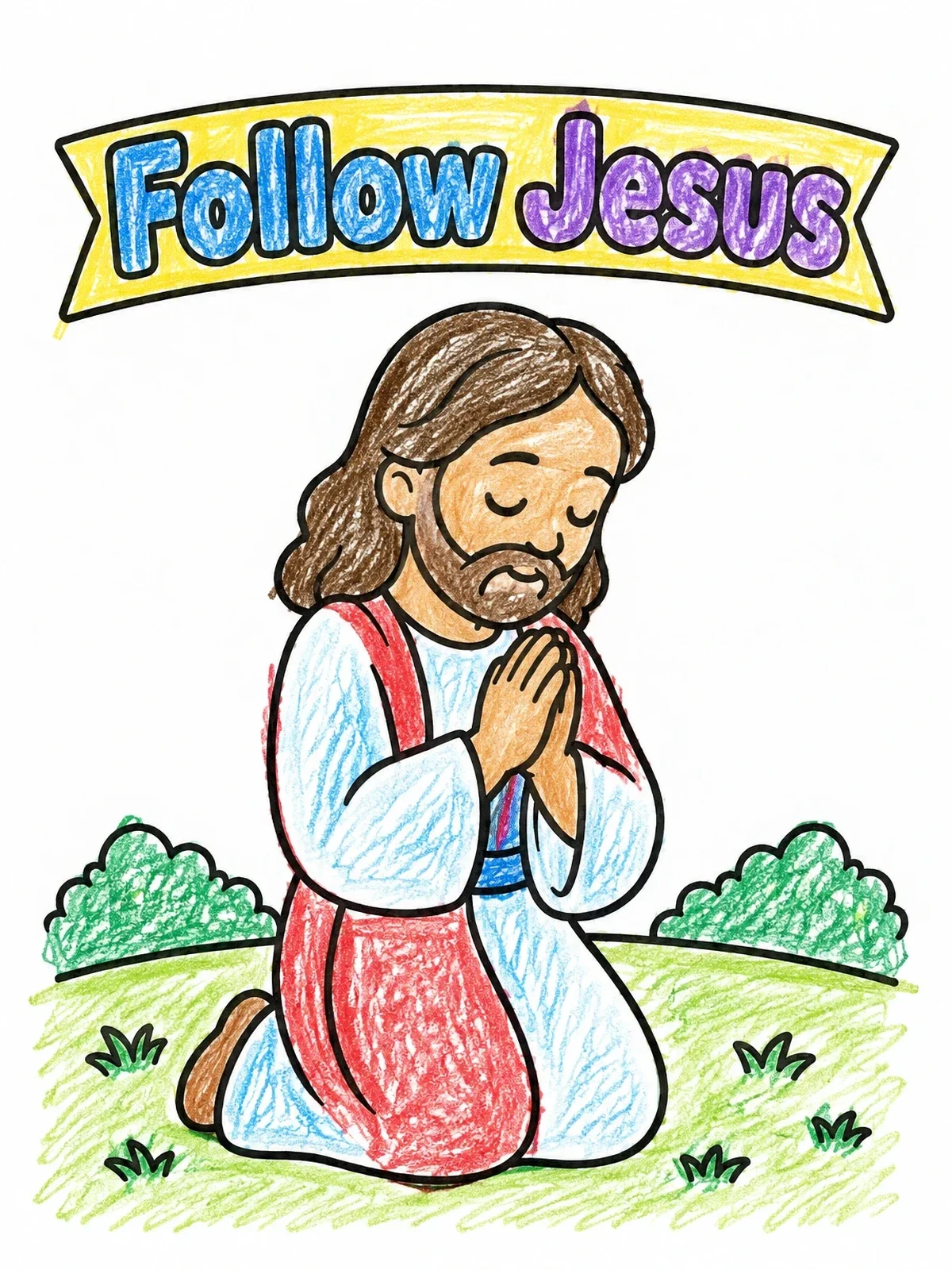 Colored example of the Kneeling Jesus In Prayer Banner coloring page