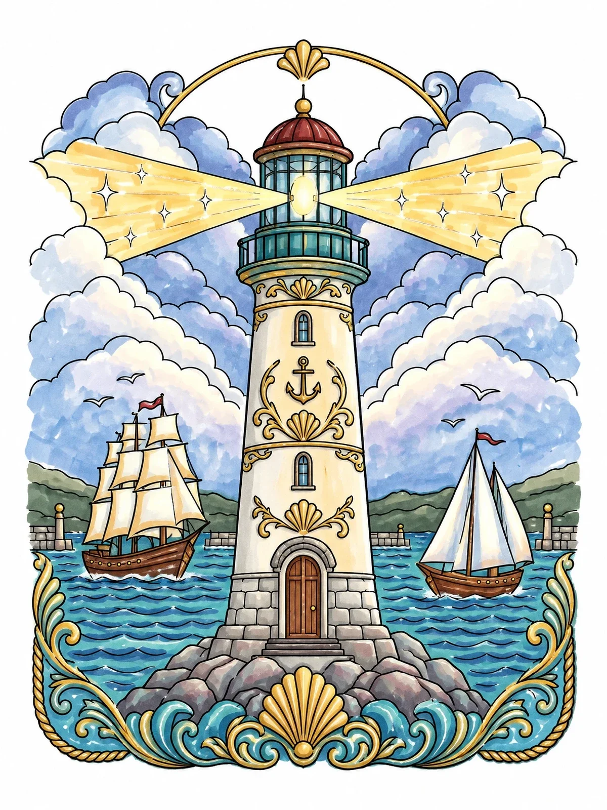 Colored example of the Guiding Lighthouse By The Sea coloring page