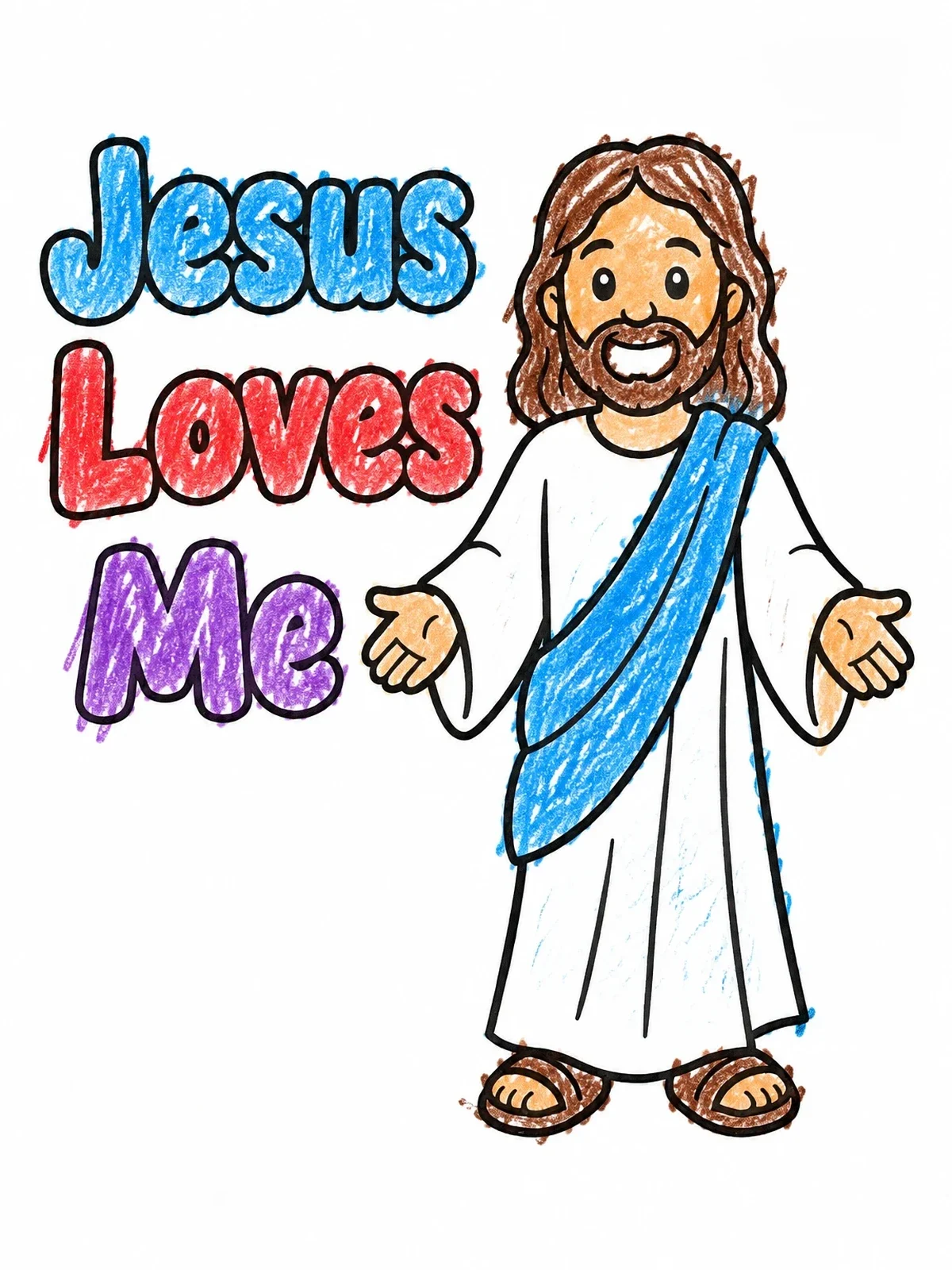 Colored example of the Smiling Jesus With Open Arms coloring page