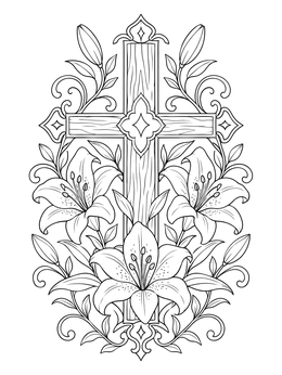 A decorative wooden cross surrounded by lilies in this jesus loves the children coloring page.