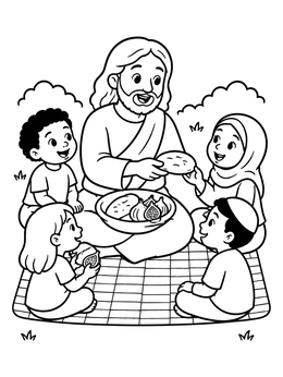 Free printable Jesus Sharing Food With Children coloring page