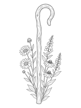 A shepherd crook and flowers in a jesus loves the children coloring page.