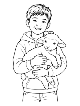 A cheerful boy cuddles a sweet lamb in this jesus loves the children coloring page.