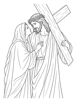An emotional cross coloring page depicting Jesus meeting his mother Mary along the Way of the Cross.