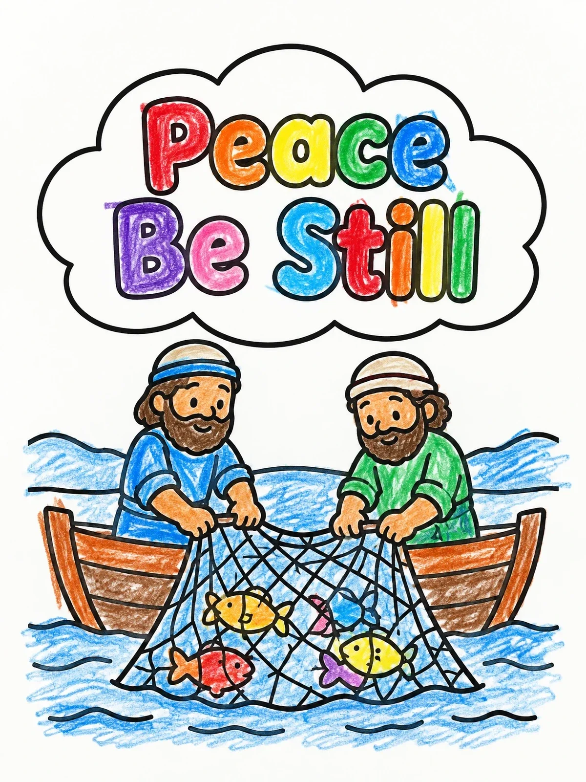 Colored example of the Fishermen Pulling Nets In Boat coloring page