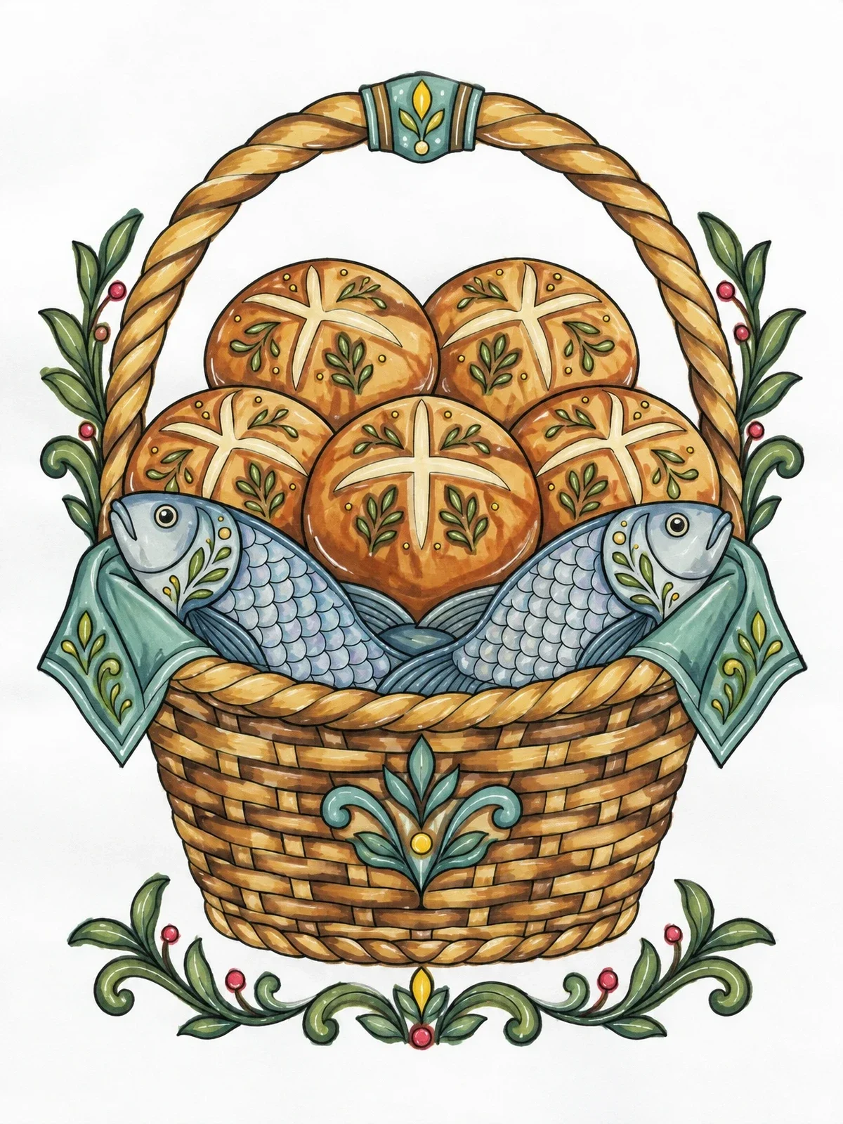 Colored example of the Loaves And Fishes In Woven Basket coloring page