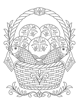 A decorative jesus miracles coloring page with five loaves and two fish arranged in a basket.
