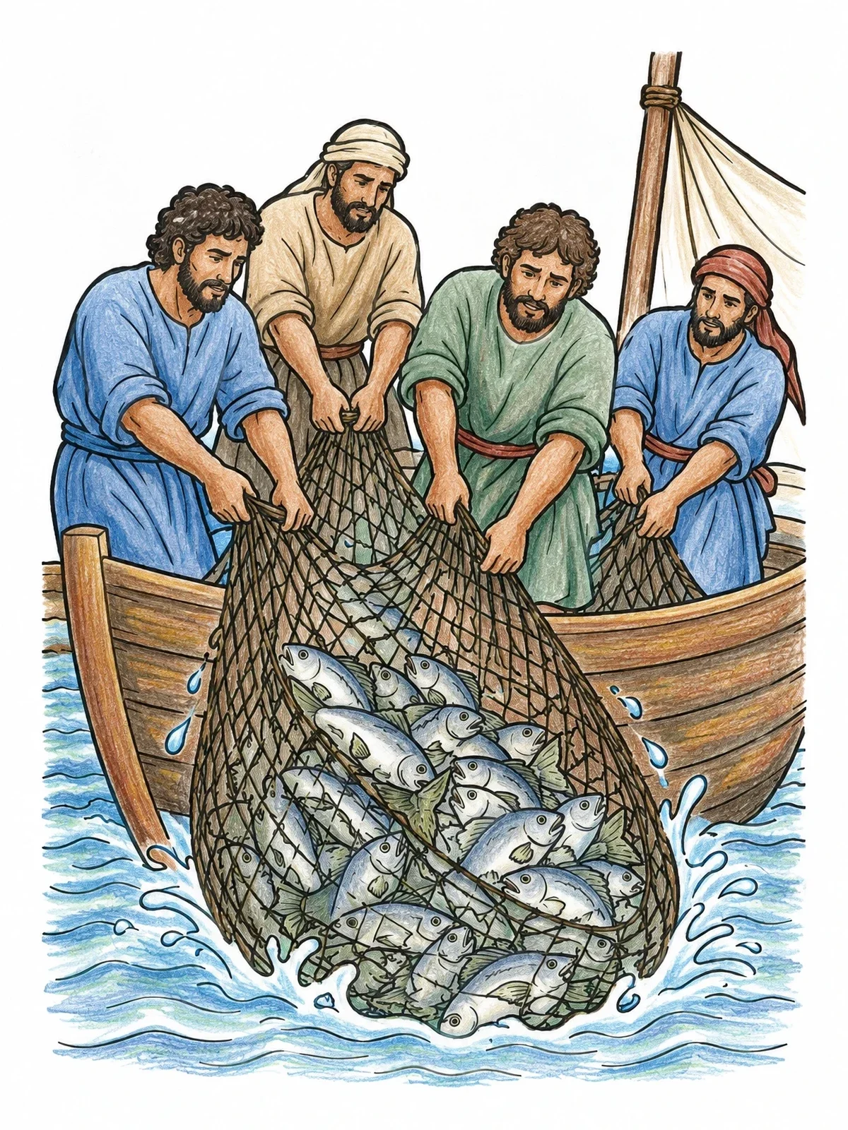 Colored example of the Miraculous Catch Of Fish coloring page