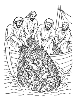 A jesus miracles coloring page showing four disciples pulling a huge net full of fish into their boat.