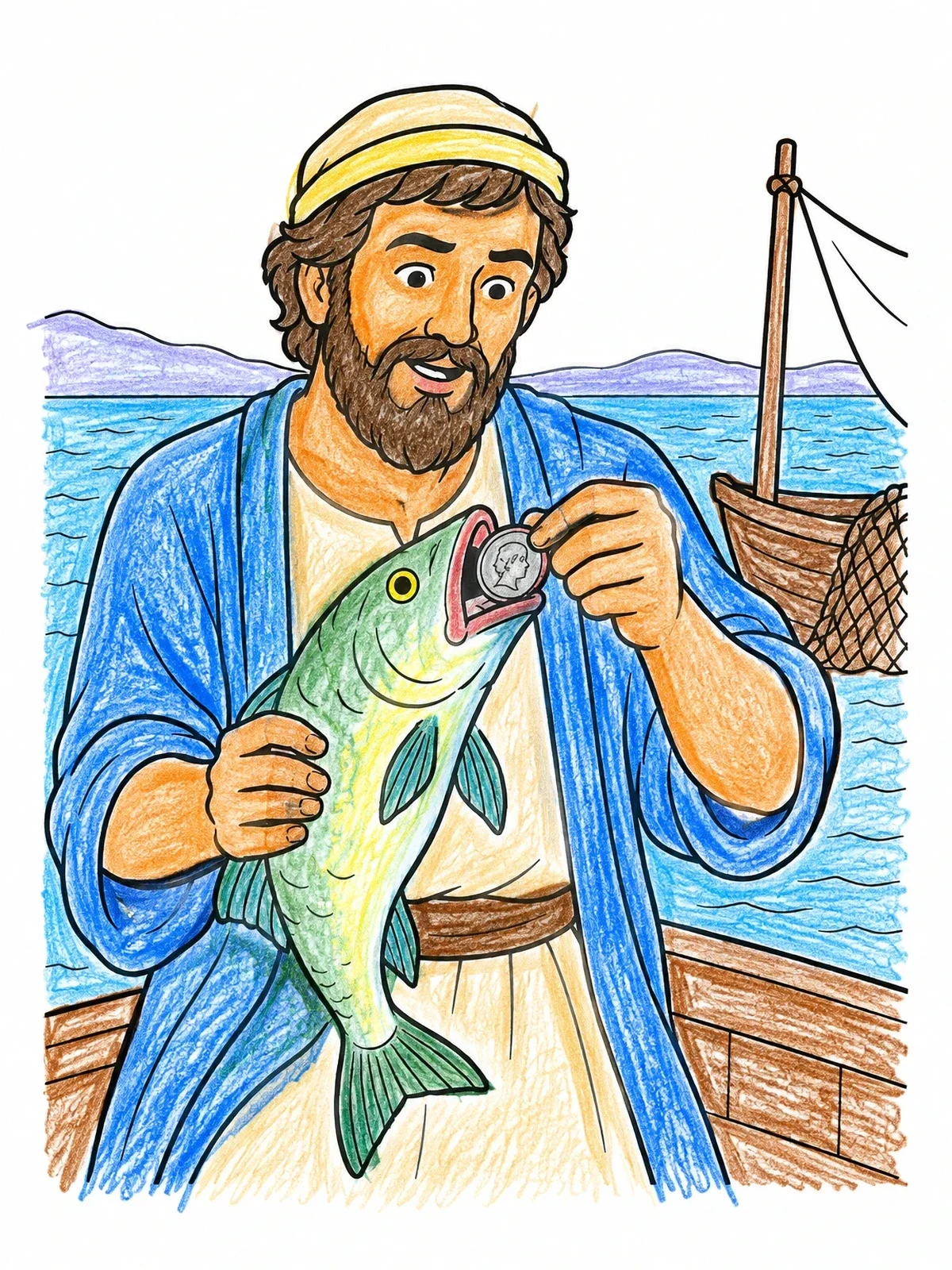 Colored example of the Peter Finds Coin In Fish Mouth coloring page