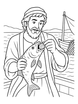 Peter discovering a coin in a fish's mouth on this jesus miracles coloring page.