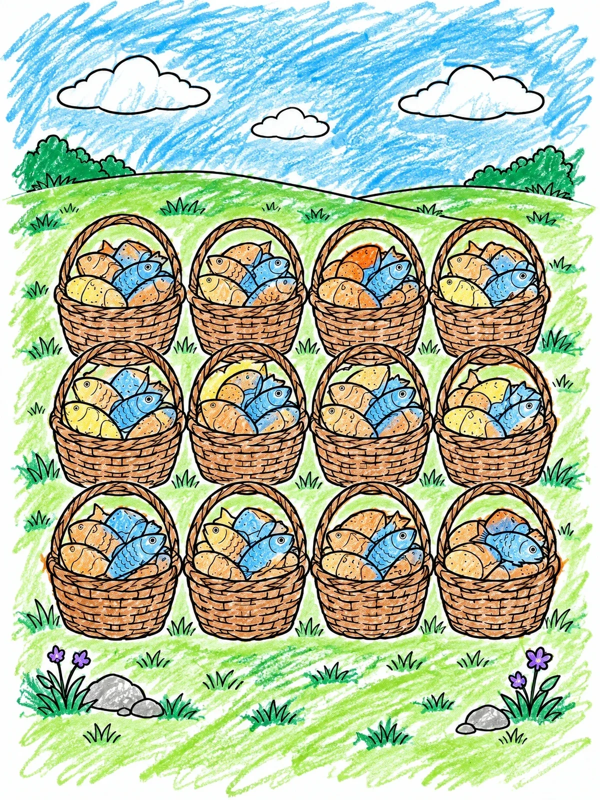 Colored example of the Twelve Baskets Of Loaves And Fish coloring page