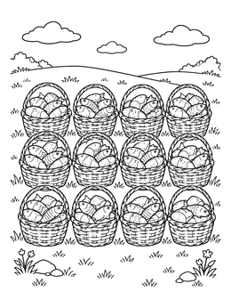 A jesus miracles coloring page showing twelve woven baskets full of fish and bread on a grassy hill.