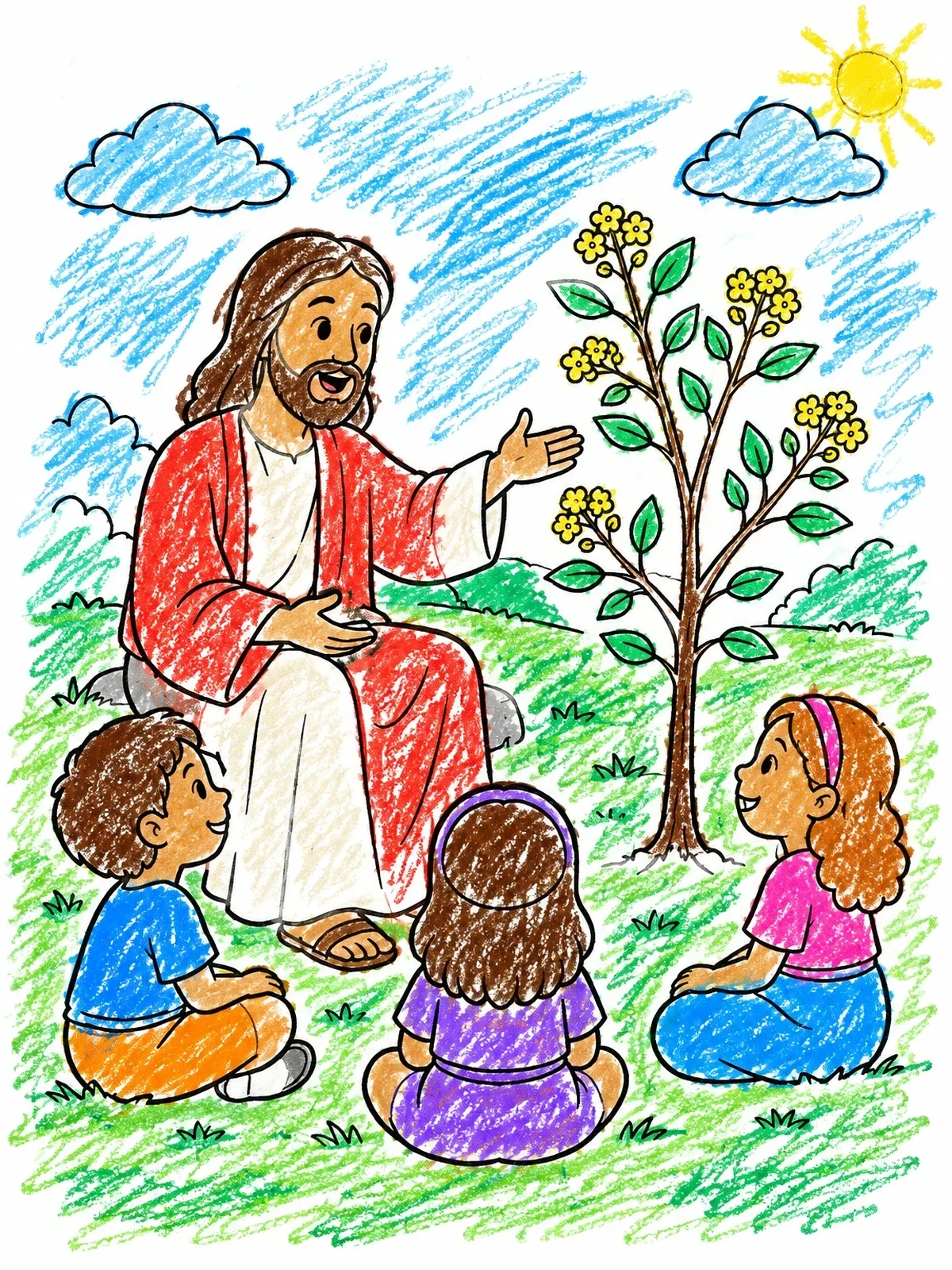 Colored example of the Jesus Teaching About The Mustard Seed coloring page