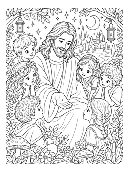 In this mustard seed coloring page, Jesus shows a tiny seed in his hand to surrounded children.
