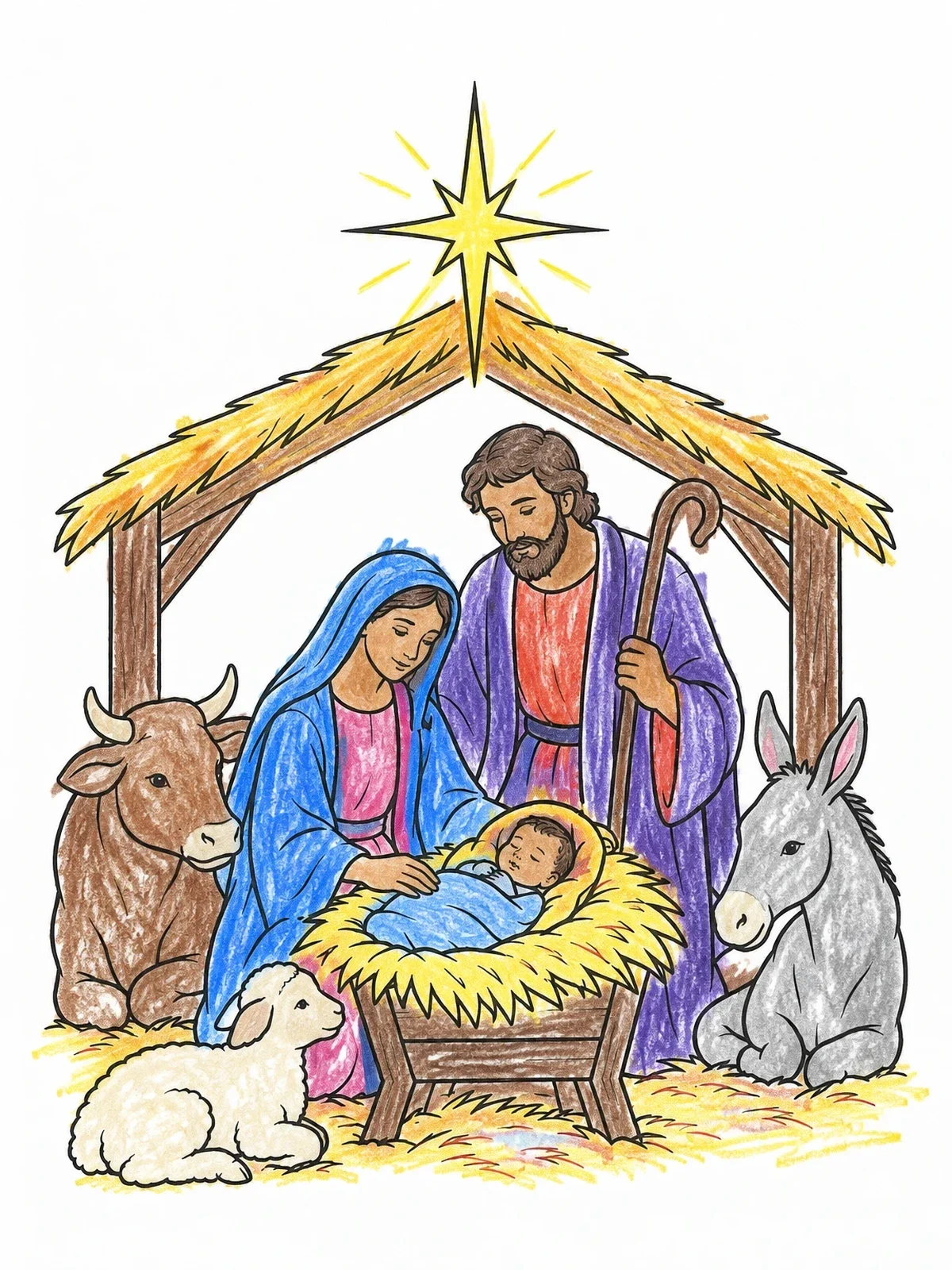 Colored example of the Nativity Scene With Holy Family And Stable Animals coloring page