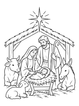 Holy Family and farm animals gather around the manger in this jesus coloring page.