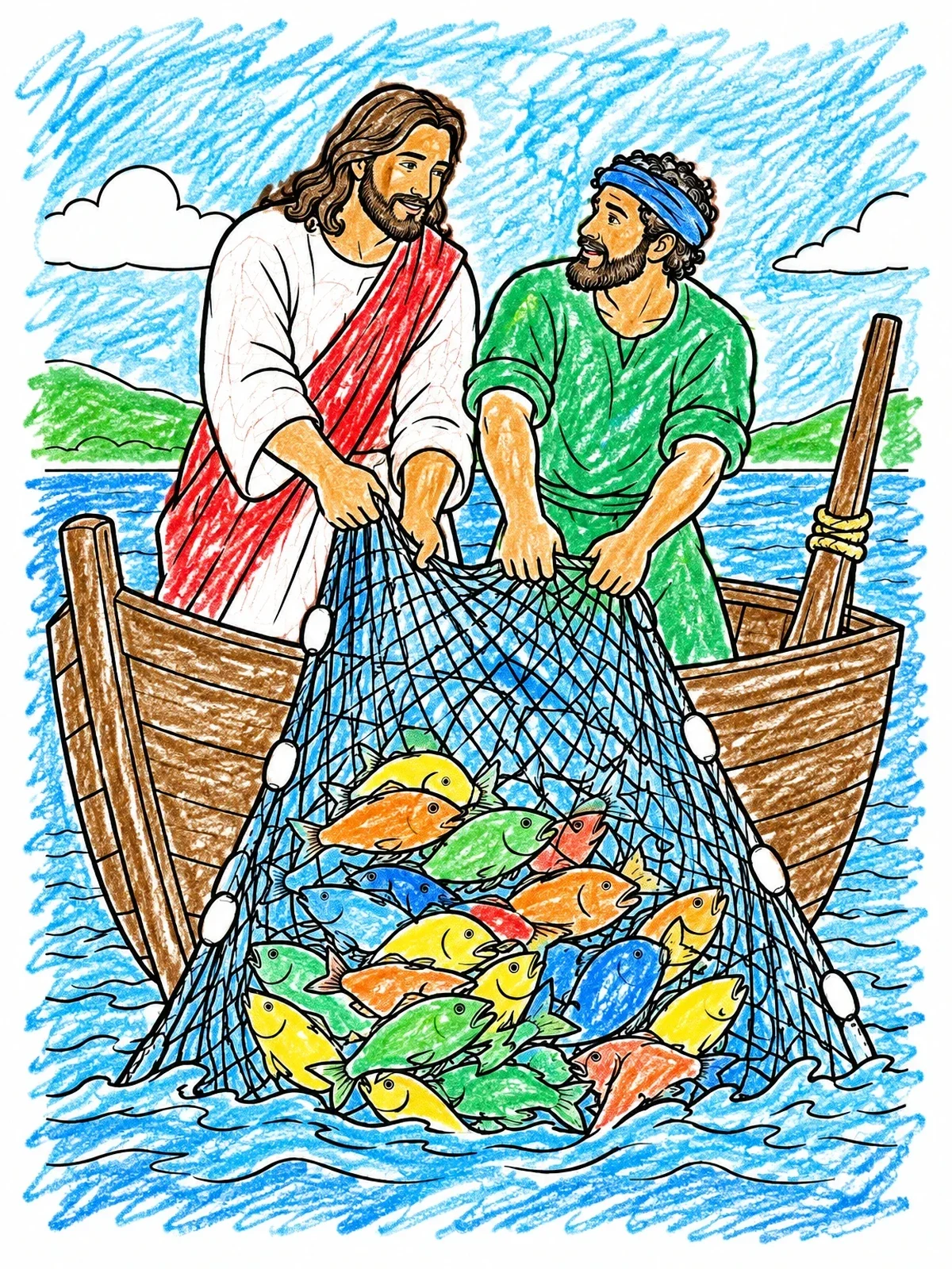 Colored example of the Jesus And Peter Catching Fish coloring page