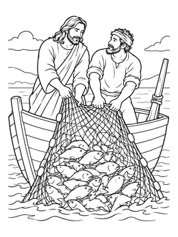 A detailed jesus is our friend coloring page of Jesus helping Peter pull in a net of fish.
