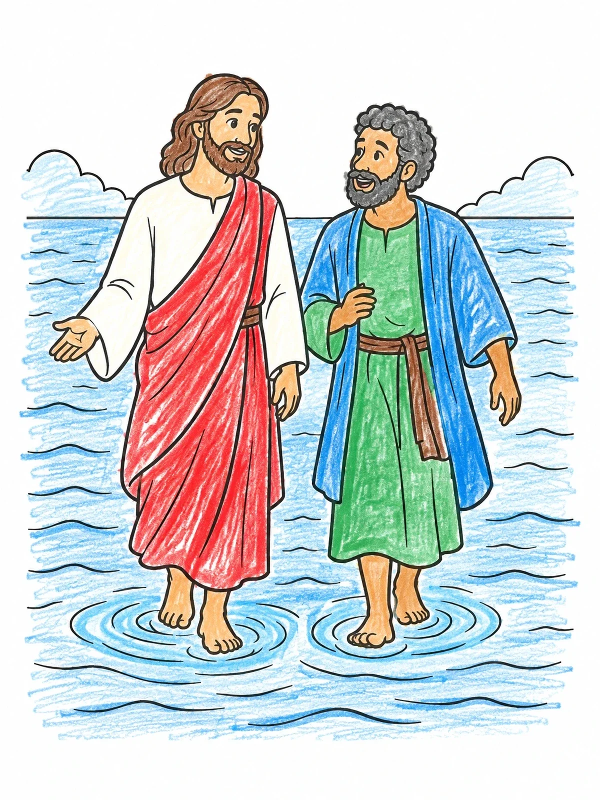 Colored example of the Jesus And Peter Walking On Water coloring page