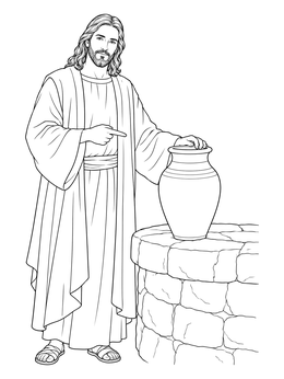 In this jesus and the samaritan woman at the well coloring page, Jesus points to a water jar on a stone ledge.