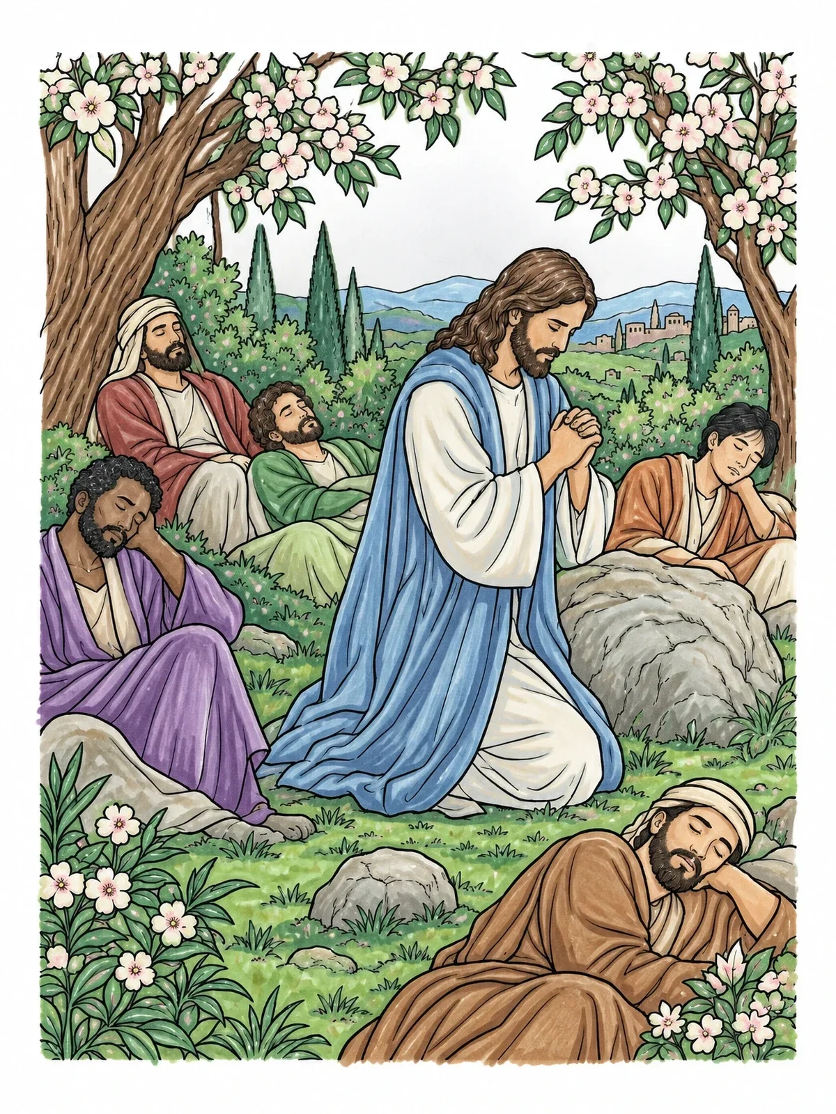 Colored example of the Jesus Praying In The Garden coloring page