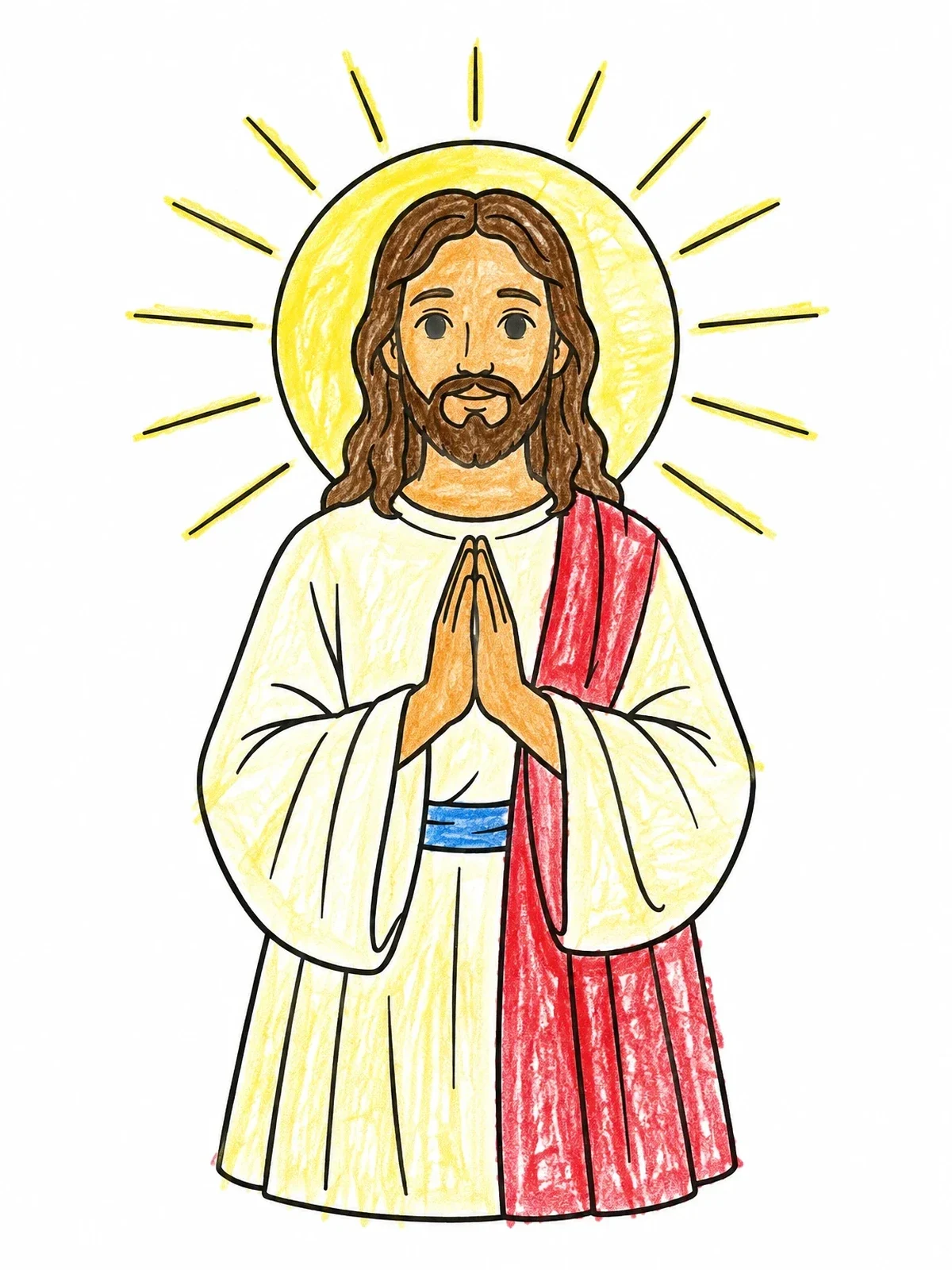 Colored example of the Jesus Praying With Radiant Halo coloring page