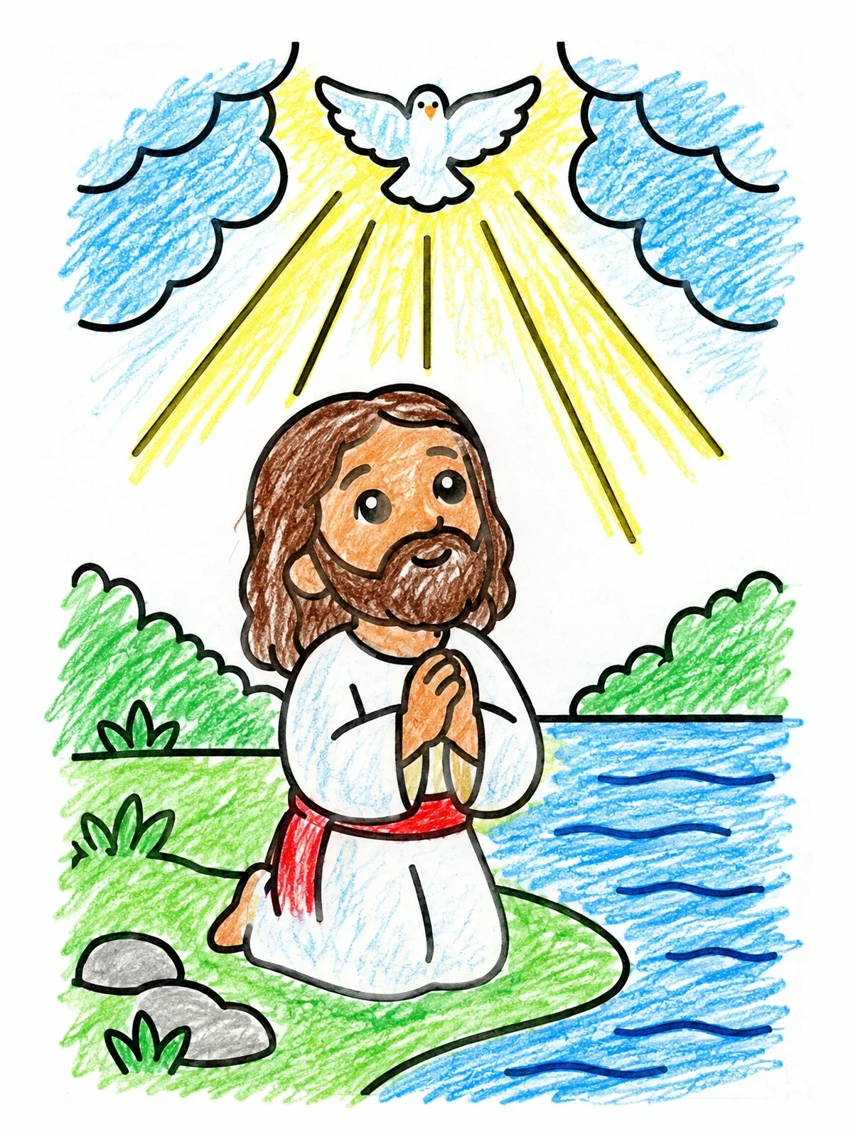 Colored example of the Jesus Praying By The River coloring page