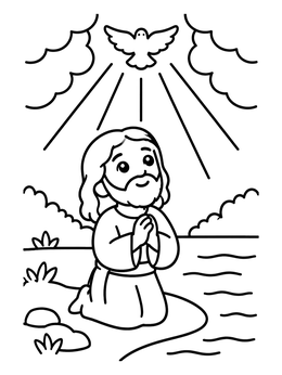 A simple baptism coloring page showing Jesus kneeling in prayer by the water as a dove descends.