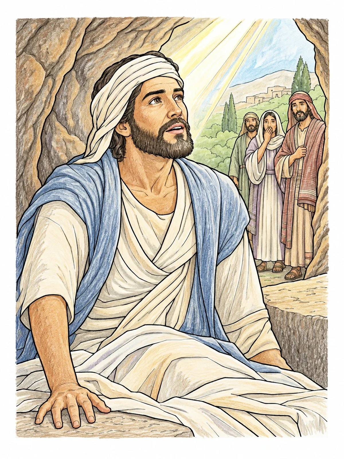 Colored example of the Lazarus Awakening In The Cave coloring page