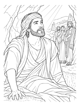 A detailed jesus raises lazarus coloring page showing Lazarus looking up at the light from his tomb entrance.