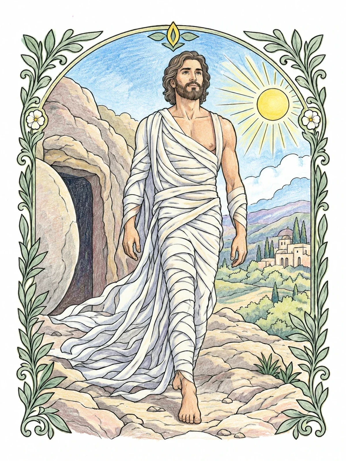 Colored example of the Lazarus Stepping Forth From The Tomb coloring page