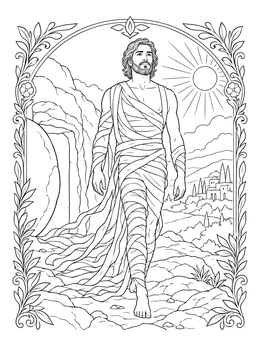Lazarus emerges into sunlight in this detailed jesus raises lazarus coloring page.