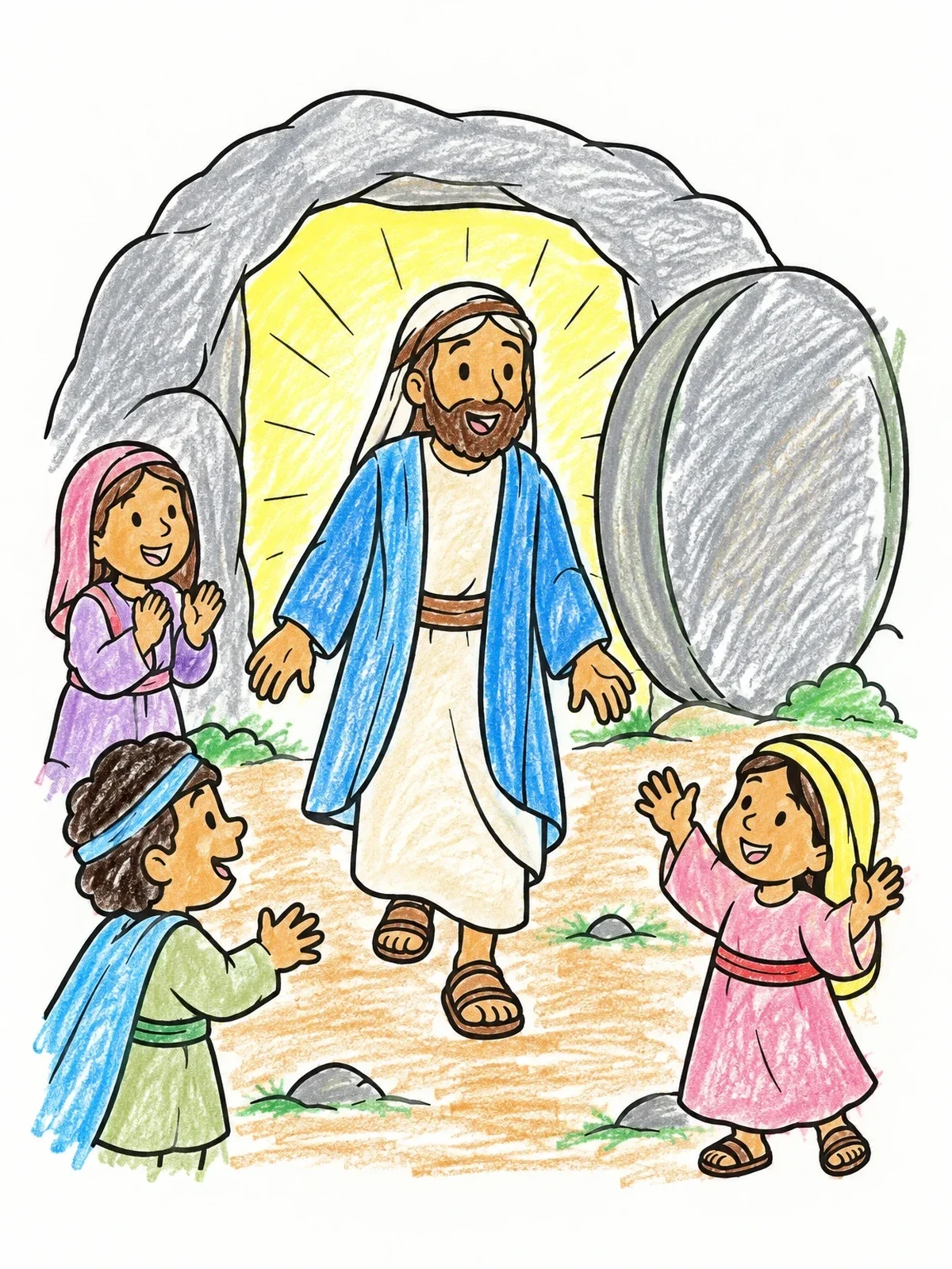 Colored example of the Lazarus Steps Out Of The Tomb coloring page