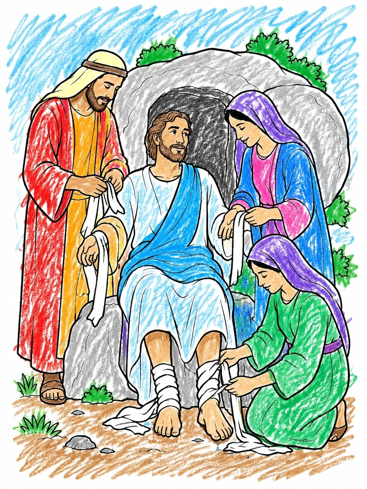 Colored example of the Lazarus Unwrapped Outside The Tomb coloring page