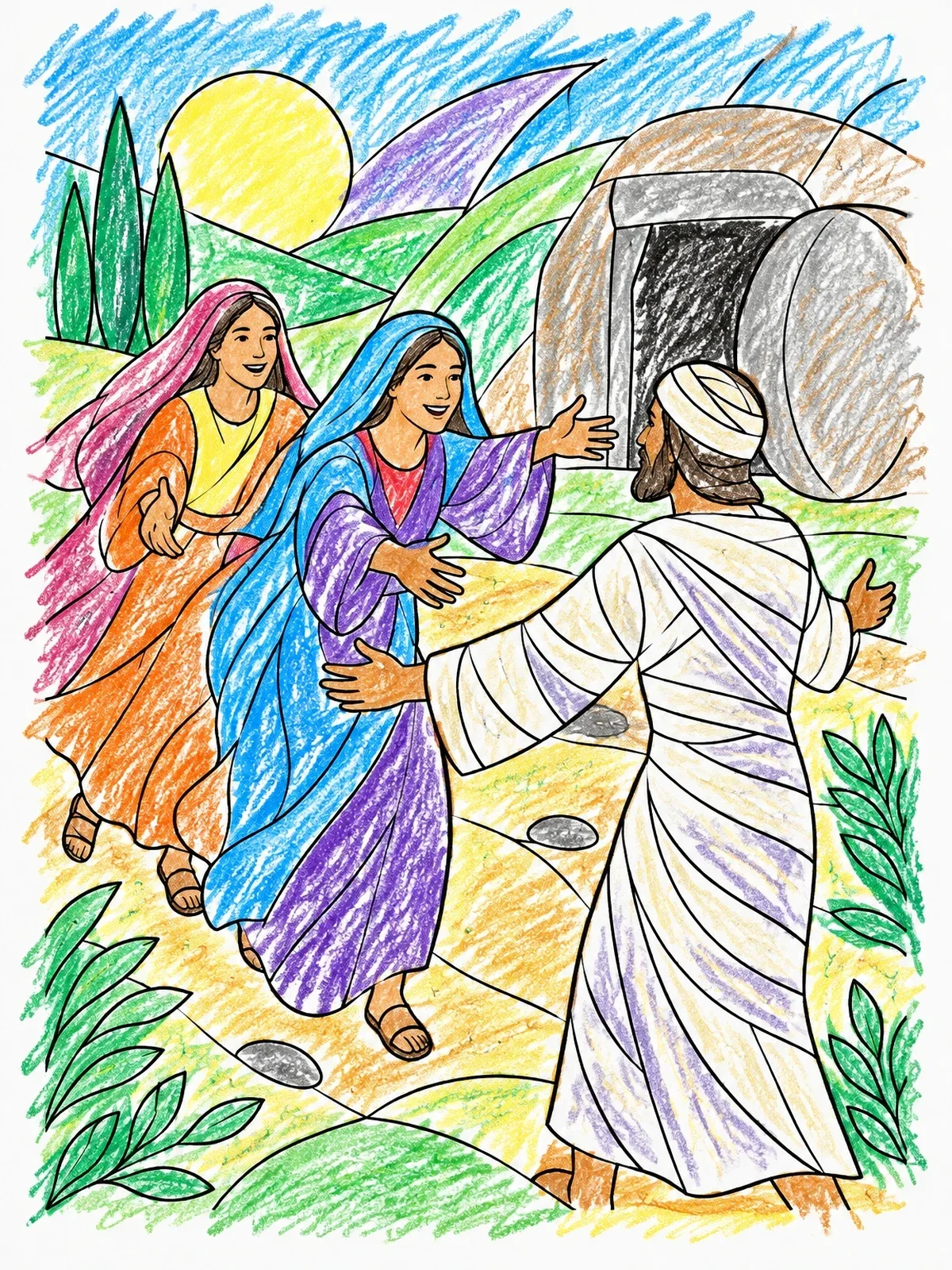 Colored example of the Mary And Martha Reunite With Lazarus coloring page