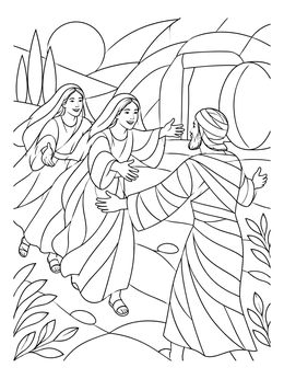 A joyful jesus raises lazarus coloring page showing Mary and Martha running to embrace Lazarus outside his tomb.