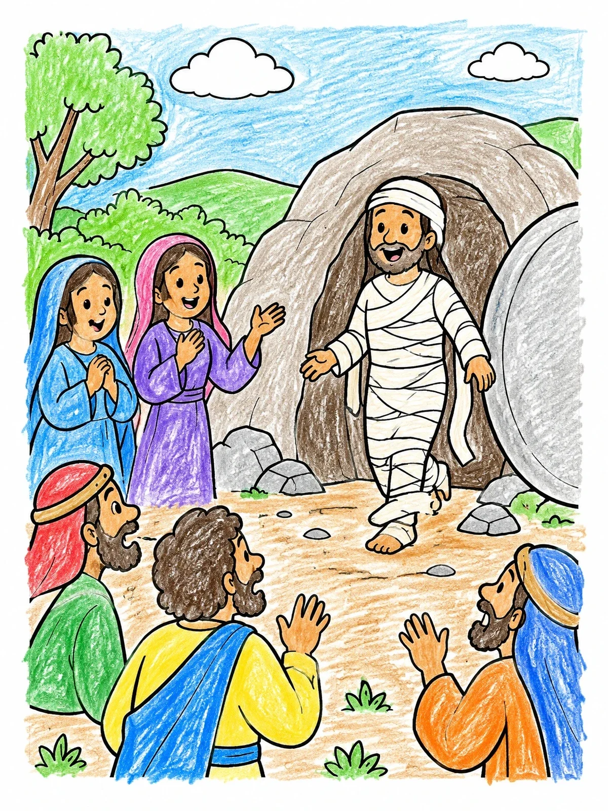 Colored example of the Lazarus Walking Out Of The Tomb coloring page