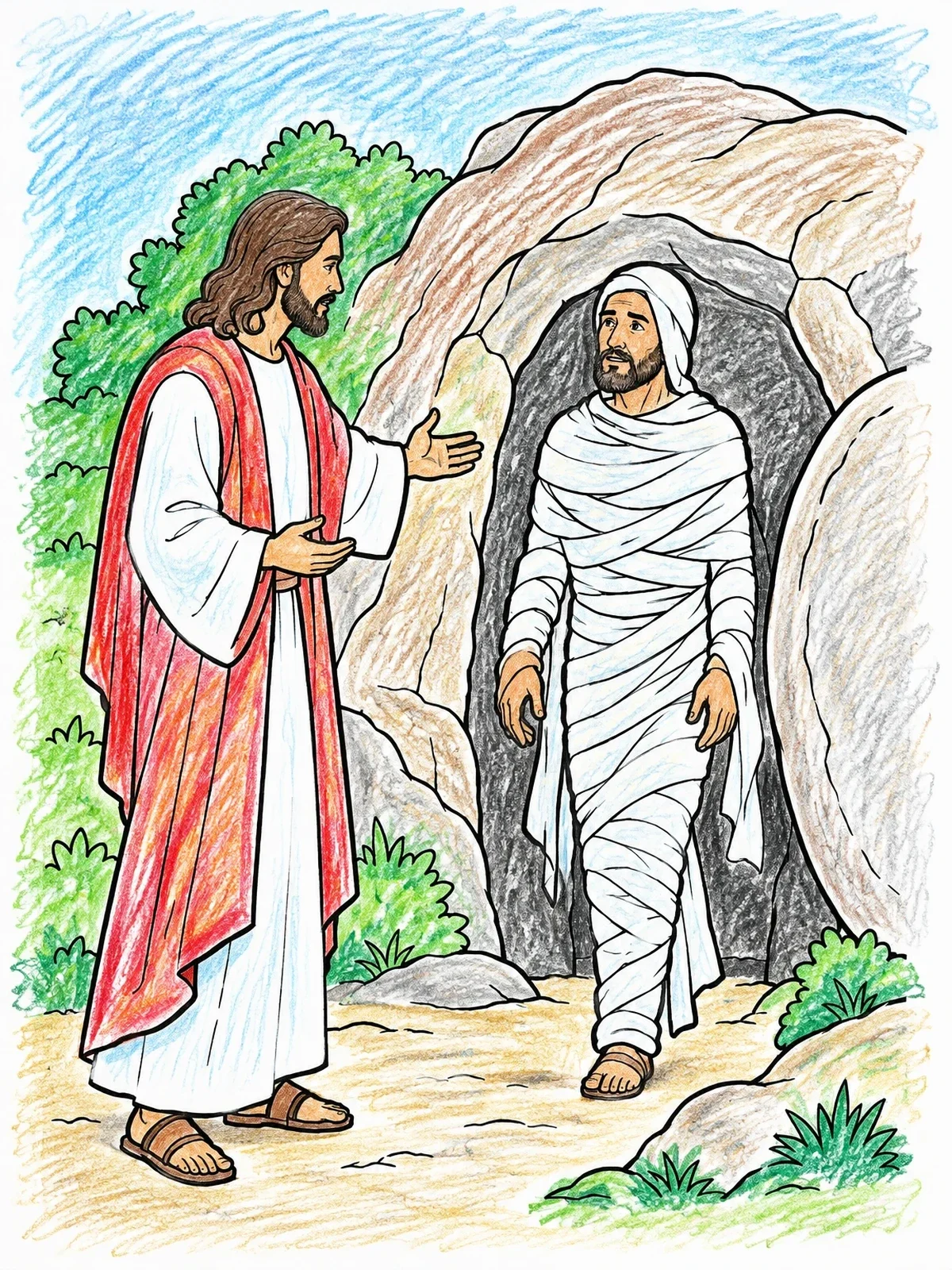 Colored example of the Jesus Calling Lazarus From The Tomb coloring page