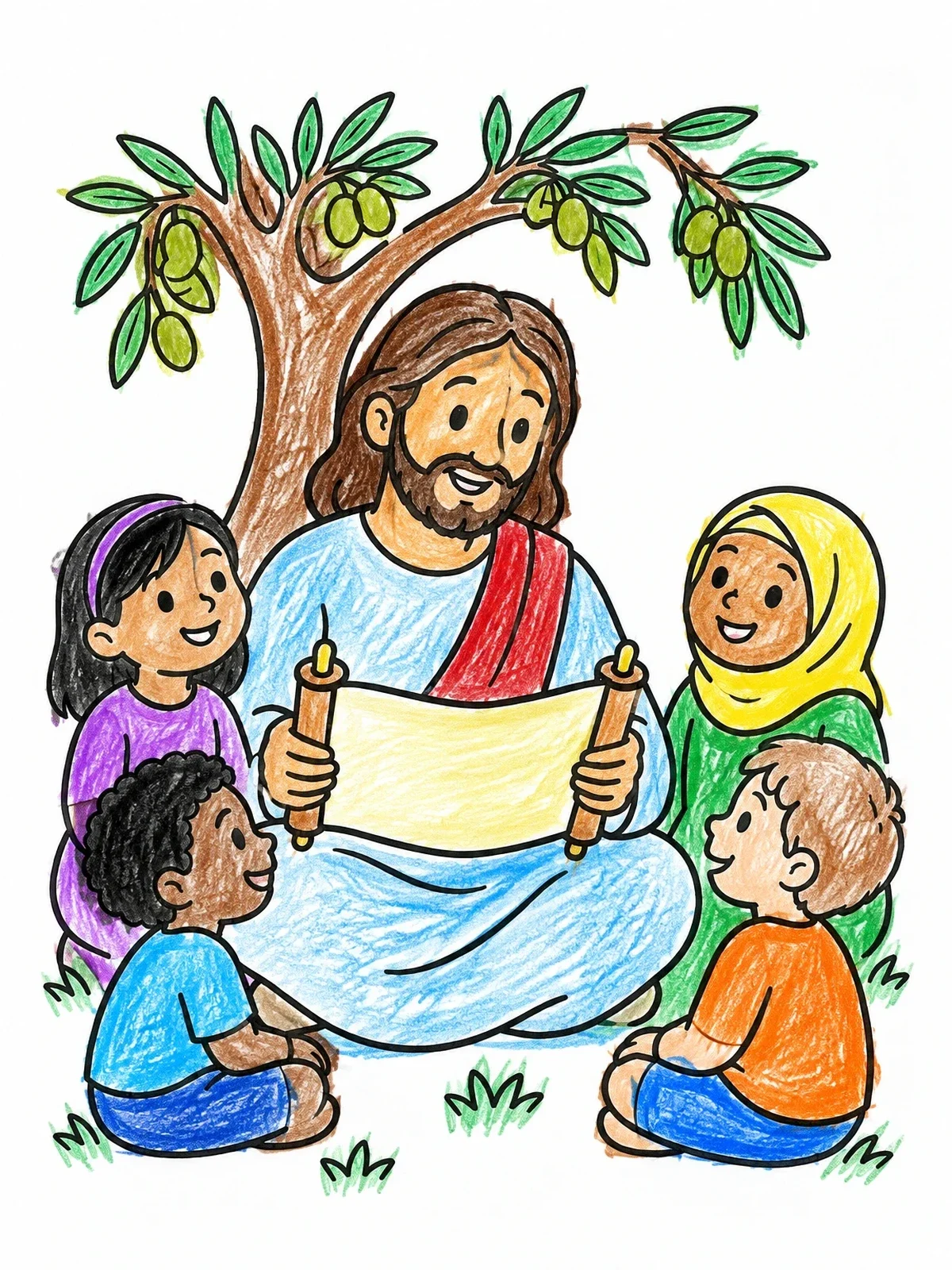 Colored example of the Jesus Reading Scroll With Children coloring page