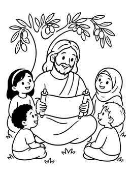 Free printable Jesus Reading Scroll With Children coloring page