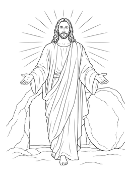 A serene jesus coloring page showing Christ stepping out of the tomb with open hands.