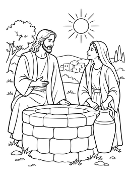 Free printable Jesus And Woman At Stone Well coloring page