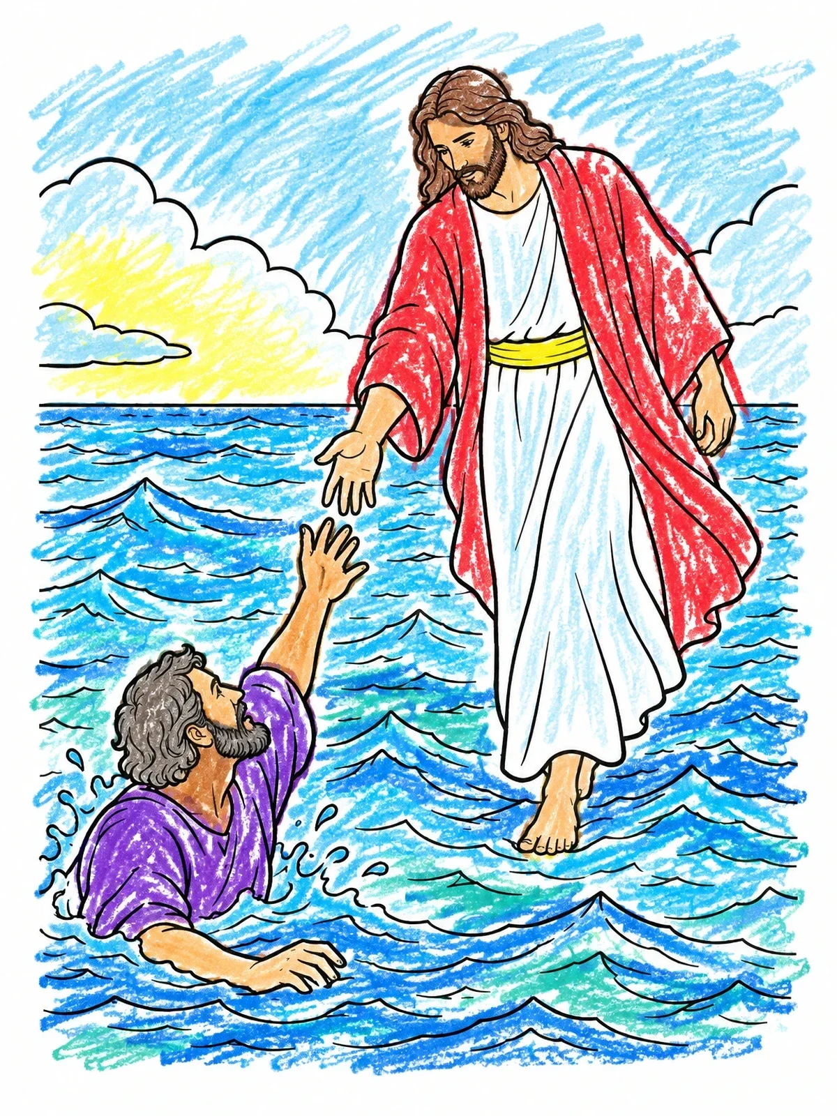 Colored example of the Jesus Rescuing Peter On Water coloring page