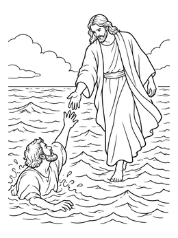 A jesus miracles coloring page showing Jesus walking on water to save sinking Peter.
