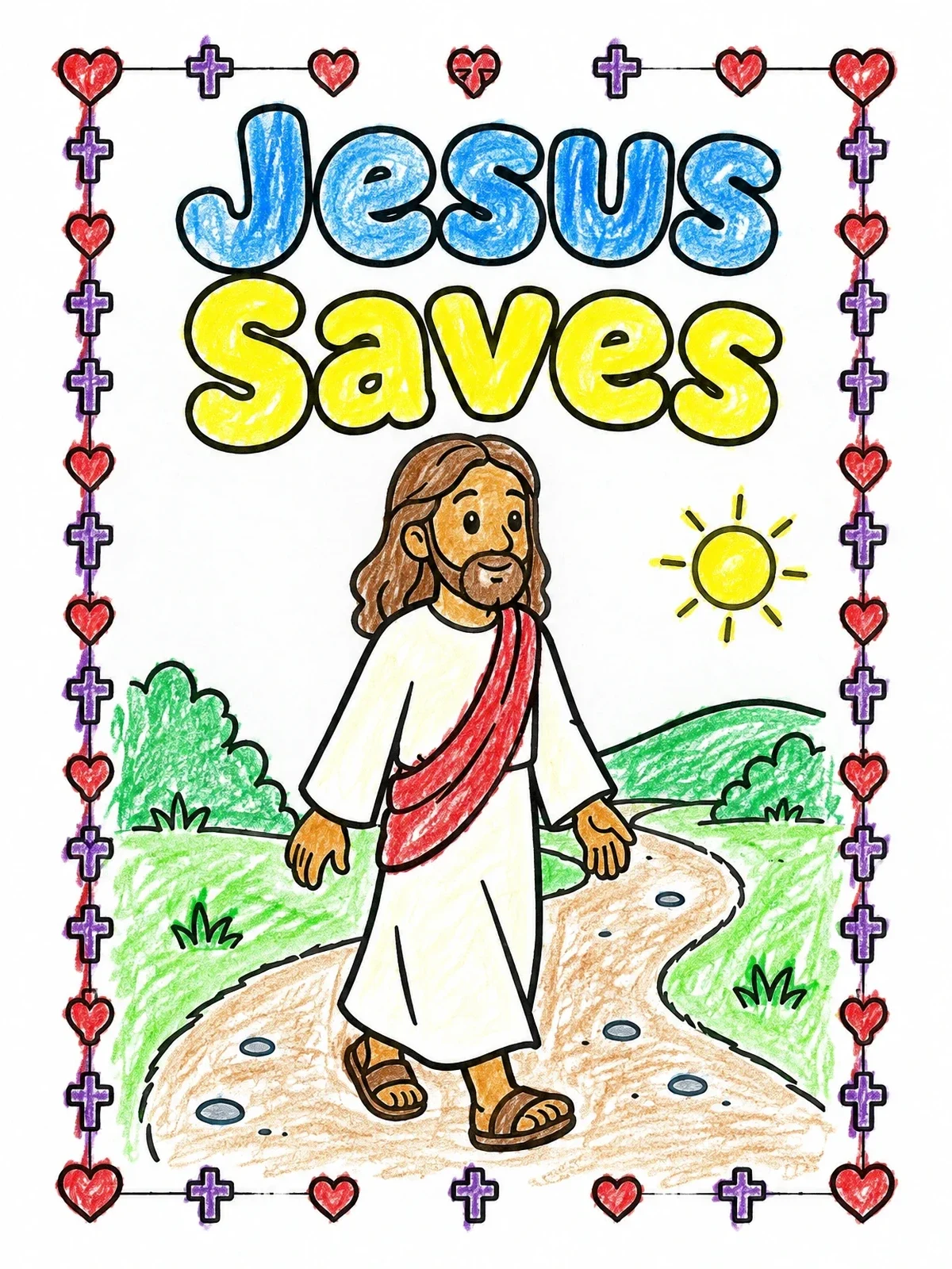 Colored example of the Jesus Walking On A Path coloring page
